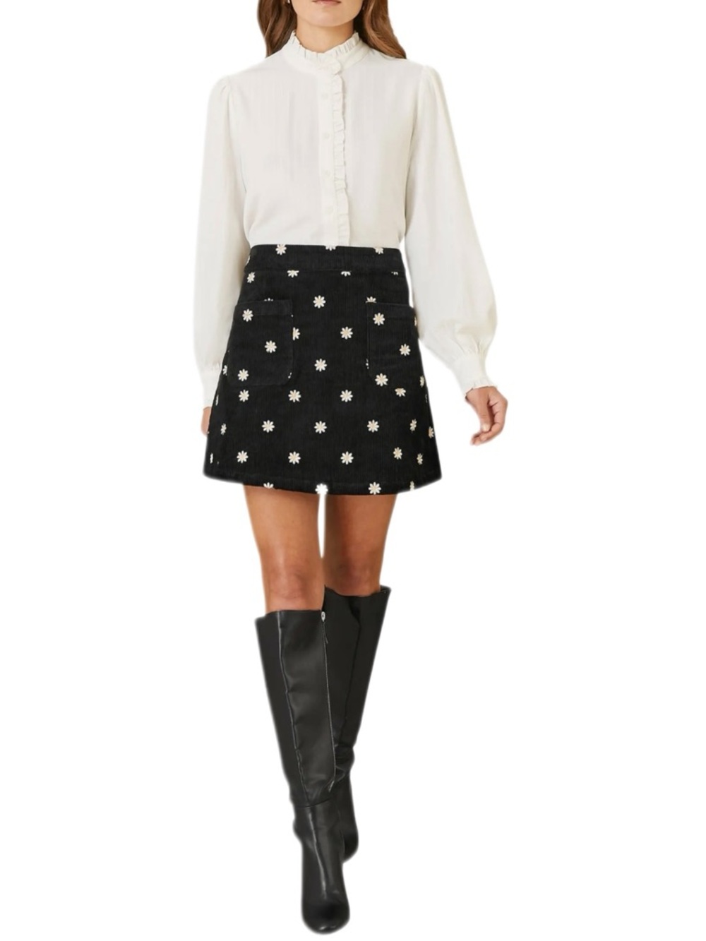 Yumi Black Corduroy Daisy Floral Embroidered Mini Skirt 12